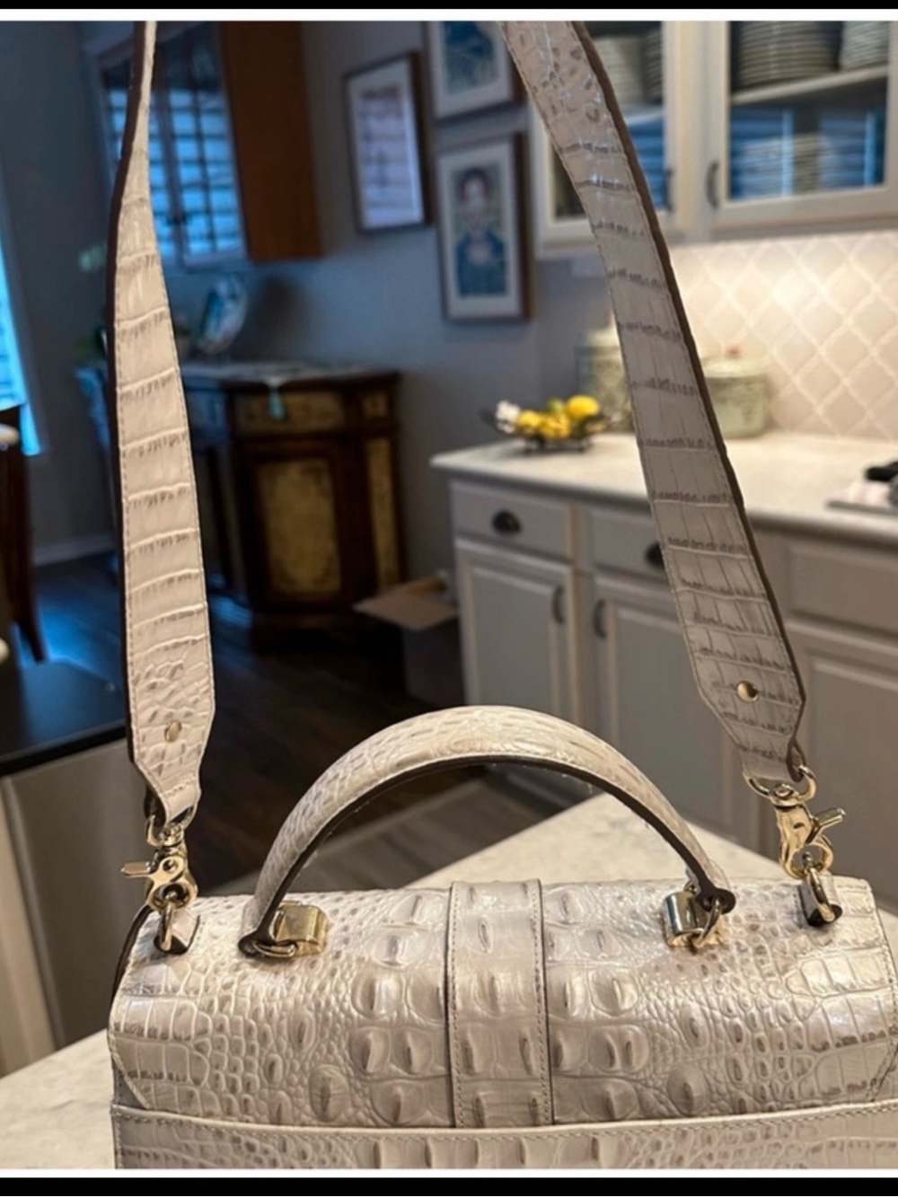 Brahmin Ivory Croc-Embossed Leather Satchel with Top Handle - Picture 9 of 14
